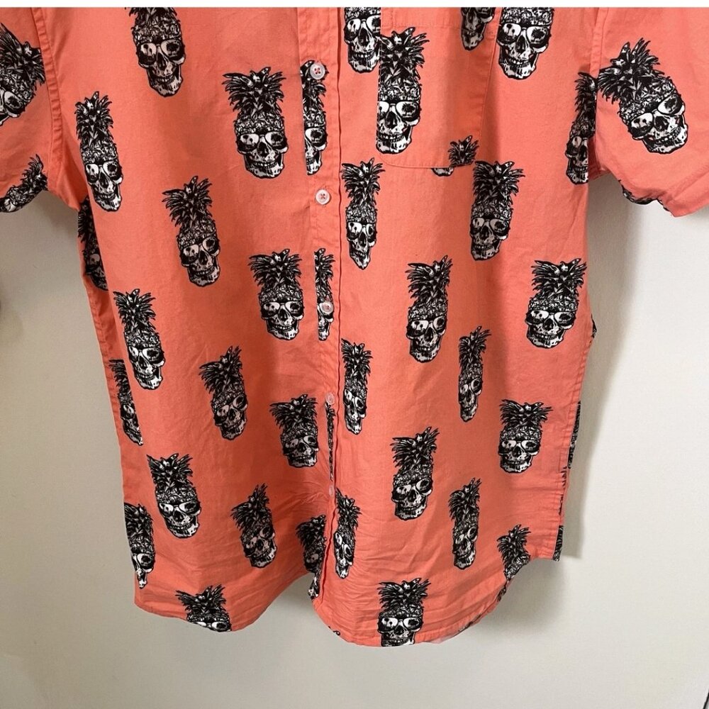 Pineapple Skull Button Down Shirt XL Coral Tropical Novelty Vacation Party - Picture 6 of 16